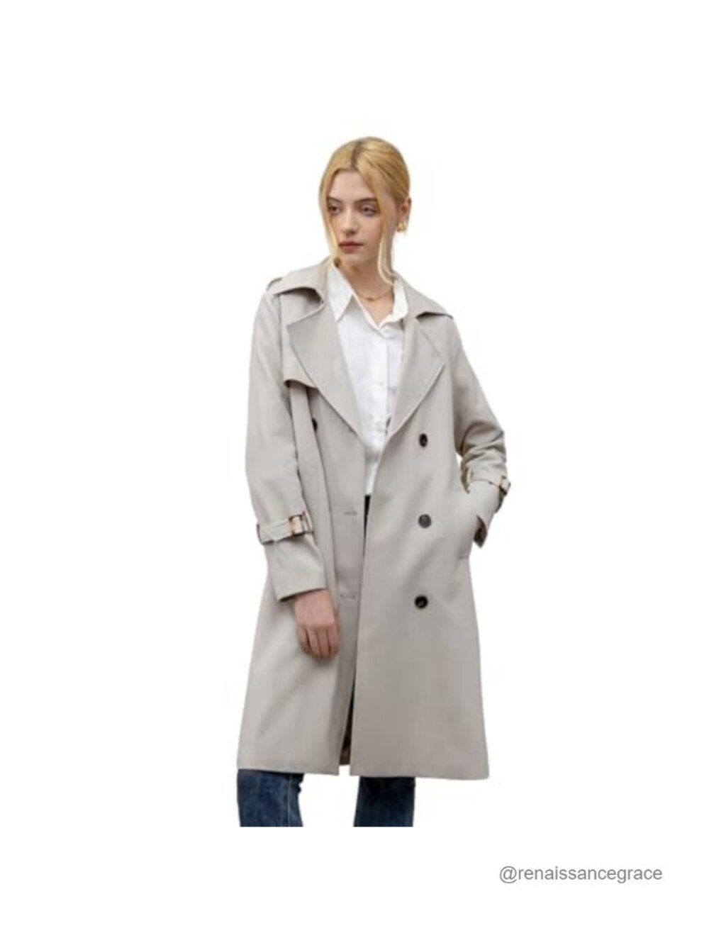 Women's Knee Length Double Breasted Belted Trench Coat Lightweight